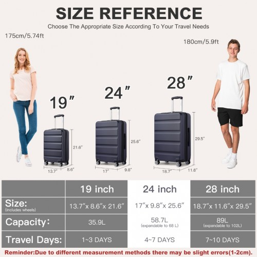 Kono 24 Inch Expandable Horizontal Engraved ABS+PC Check-In Suitcase with TSA Lock - Navy