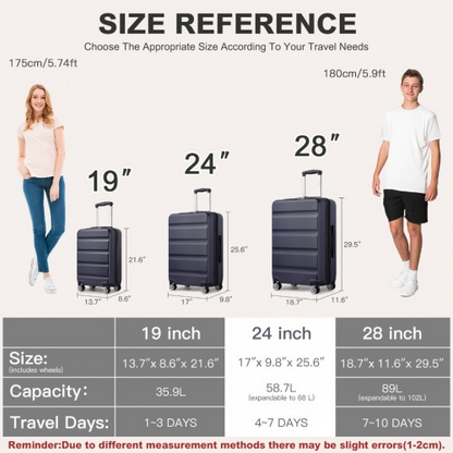 Kono 24 Inch Expandable Horizontal Engraved ABS+PC Check-In Suitcase with TSA Lock - Navy