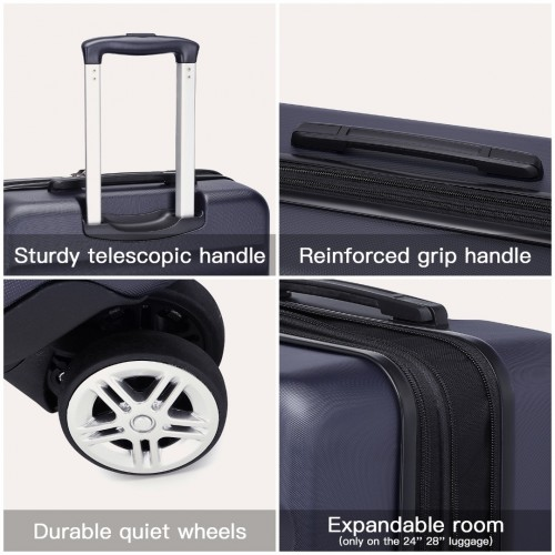 Kono 24 Inch Expandable Horizontal Engraved ABS+PC Check-In Suitcase with TSA Lock - Navy