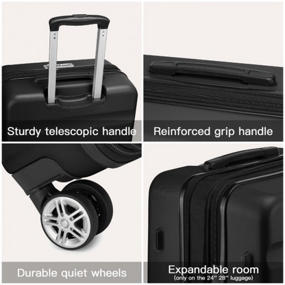 KSK2482 - Kono 28 Inch Expandable Horizontal Engraved Hard Shell ABS+PC Check-In Suitcase with TSA Lock - Black