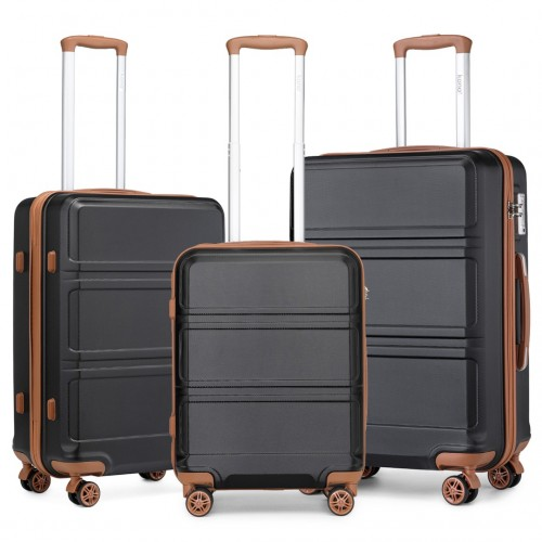 K1871-1L - Kono ABS Sculpted Horizontal Design 3 Piece Suitcase Set - Black And Brown