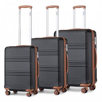 K1871-1L - Kono ABS Sculpted Horizontal Design 3 Piece Suitcase Set - Black And Brown