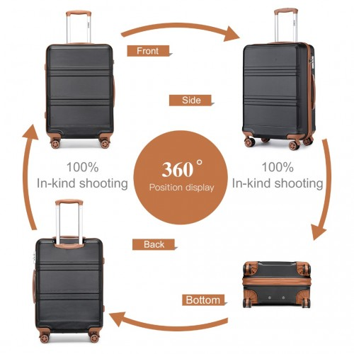 K1871-1L - Kono ABS Sculpted Horizontal Design 3 Piece Suitcase Set - Black And Brown