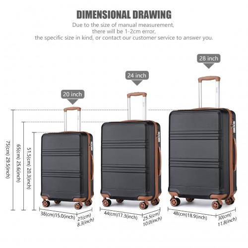 K1871-1L - Kono ABS Sculpted Horizontal Design 3 Piece Suitcase Set - Black And Brown