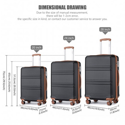 K1871-1L - Kono ABS Sculpted Horizontal Design 3 Piece Suitcase Set - Black And Brown