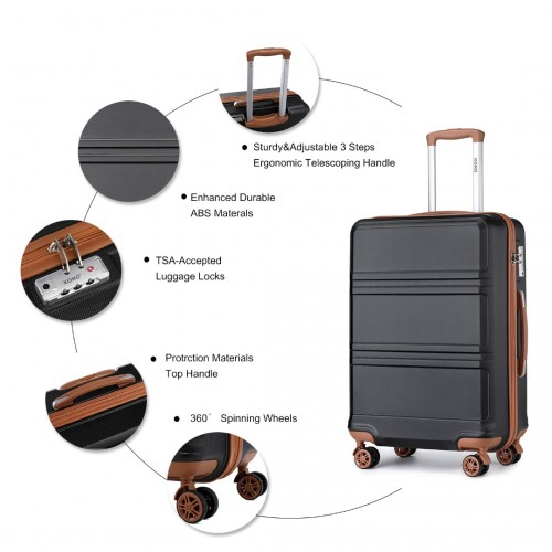 K1871-1L - Kono ABS Sculpted Horizontal Design 3 Piece Suitcase Set - Black And Brown