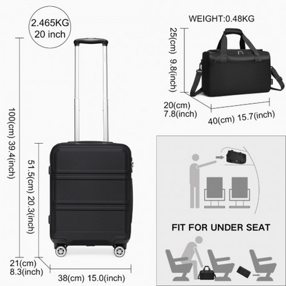 Kono ABS 20 Inch Sculpted Horizontal Design 2 Piece Suitcase Set with Cabin Bag - Black