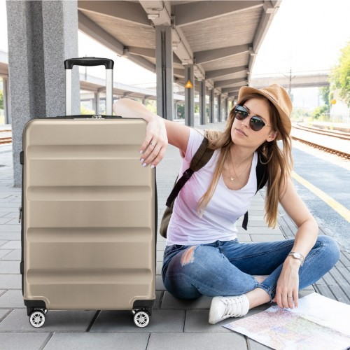 KSK2482 - Kono 28 Inch Expandable Horizontal Engraved Hard Shell ABS+PC Check-In Suitcase with TSA Lock - Gold