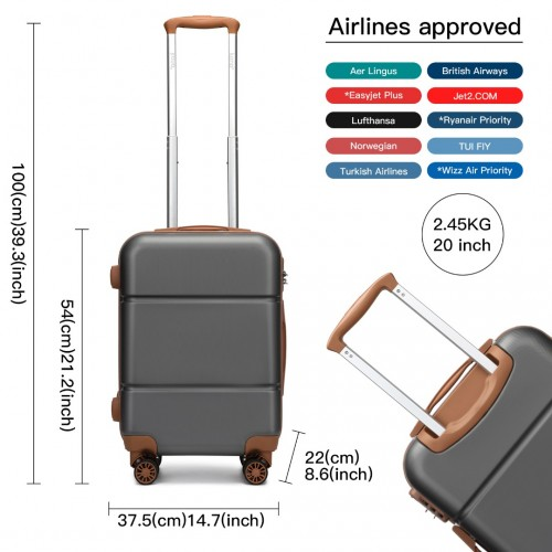 Kono 20 Inch Premium ABS Cabin Carry-On Suitcase with Secure Combination Lock - Grey and Brown