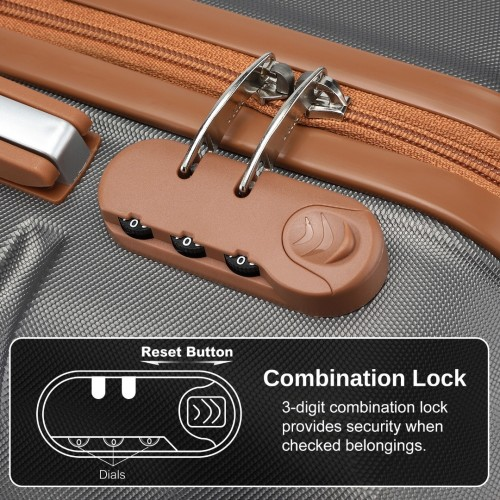 Kono 20 Inch Premium ABS Cabin Carry-On Suitcase with Secure Combination Lock - Grey and Brown