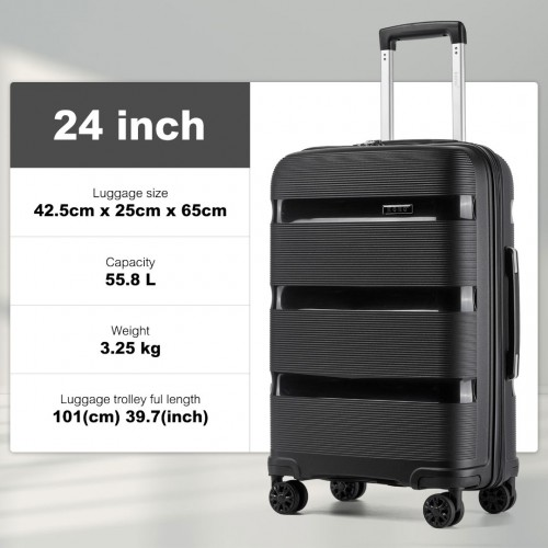 Kono 24-Inch PP Hardshell Suitcase – Durable Black Checked Luggage with TSA Lock & 360° Spinner Silent Wheels