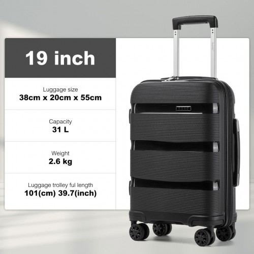 Kono 19-Inch PP Hardshell Carry-On Suitcase – Lightweight Cabin Luggage with TSA Lock & Silent Spinner Wheels – Black