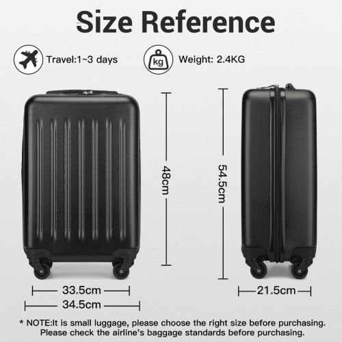 Kono 20 Inch Lightweight ABS+PC Carry-On Suitcase with Secure 3-Digit Lock - Black