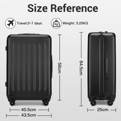 Kono 24 Inch Lightweight ABS+PC Check-in Suitcase with 3-Digit Lock - Black