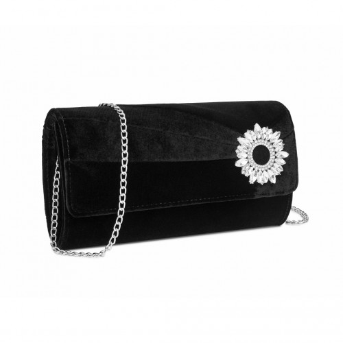 Miss Lulu Elegant Velvet Evening Clutch with Crystal Ring & Detachable Chain Strap - Versatile Shoulder or Handheld Bag - Black