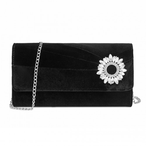 Miss Lulu Elegant Velvet Evening Clutch with Crystal Ring & Detachable Chain Strap - Versatile Shoulder or Handheld Bag - Black