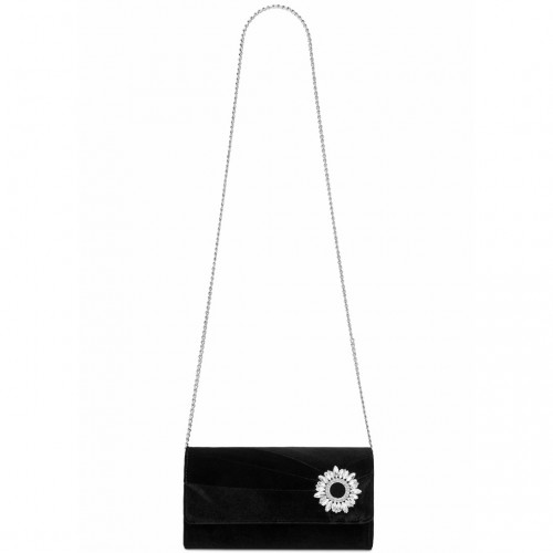 Miss Lulu Elegant Velvet Evening Clutch with Crystal Ring & Detachable Chain Strap - Versatile Shoulder or Handheld Bag - Black