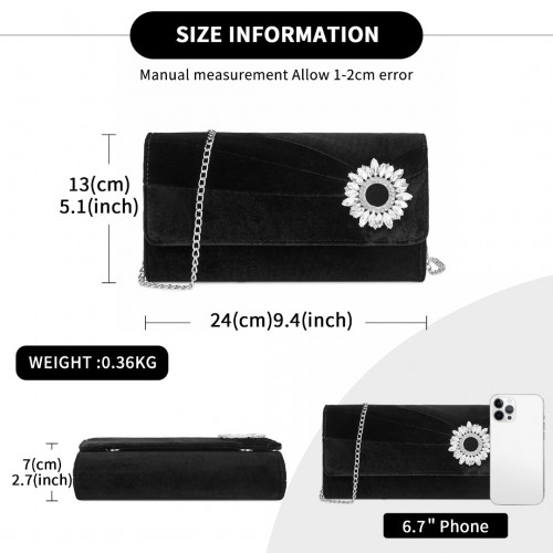 Miss Lulu Elegant Velvet Evening Clutch with Crystal Ring & Detachable Chain Strap - Versatile Shoulder or Handheld Bag - Black