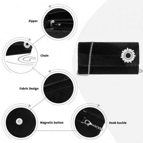 Miss Lulu Elegant Velvet Evening Clutch with Crystal Ring & Detachable Chain Strap - Versatile Shoulder or Handheld Bag - Black