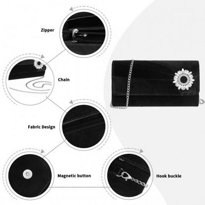 Miss Lulu Elegant Velvet Evening Clutch with Crystal Ring & Detachable Chain Strap - Versatile Shoulder or Handheld Bag - Black