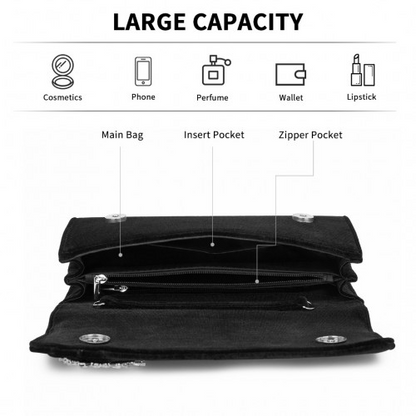 Miss Lulu Elegant Velvet Evening Clutch with Crystal Ring & Detachable Chain Strap - Versatile Shoulder or Handheld Bag - Black