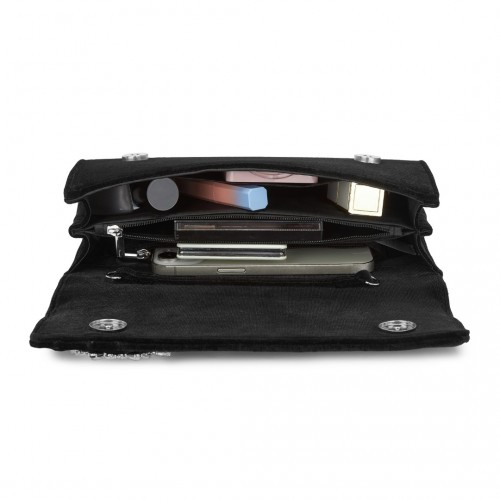 Miss Lulu Elegant Velvet Evening Clutch with Crystal Ring & Detachable Chain Strap - Versatile Shoulder or Handheld Bag - Black