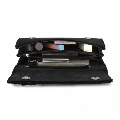 Miss Lulu Elegant Velvet Evening Clutch with Crystal Ring & Detachable Chain Strap - Versatile Shoulder or Handheld Bag - Black