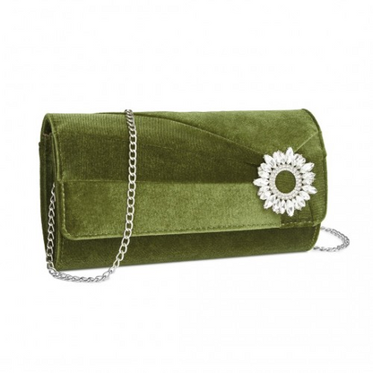 Miss Lulu Elegant Velvet Evening Clutch with Crystal Ring & Detachable Chain Strap - Versatile Shoulder or Handheld Bag - Green