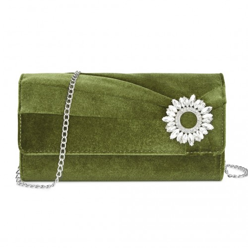 Miss Lulu Elegant Velvet Evening Clutch with Crystal Ring & Detachable Chain Strap - Versatile Shoulder or Handheld Bag - Green