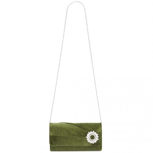 Miss Lulu Elegant Velvet Evening Clutch with Crystal Ring & Detachable Chain Strap - Versatile Shoulder or Handheld Bag - Green