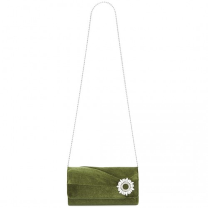 Miss Lulu Elegant Velvet Evening Clutch with Crystal Ring & Detachable Chain Strap - Versatile Shoulder or Handheld Bag - Green