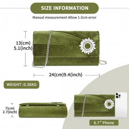 Miss Lulu Elegant Velvet Evening Clutch with Crystal Ring & Detachable Chain Strap - Versatile Shoulder or Handheld Bag - Green