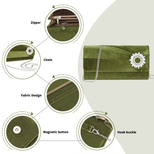 Miss Lulu Elegant Velvet Evening Clutch with Crystal Ring & Detachable Chain Strap - Versatile Shoulder or Handheld Bag - Green