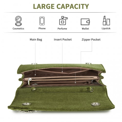 Miss Lulu Elegant Velvet Evening Clutch with Crystal Ring & Detachable Chain Strap - Versatile Shoulder or Handheld Bag - Green