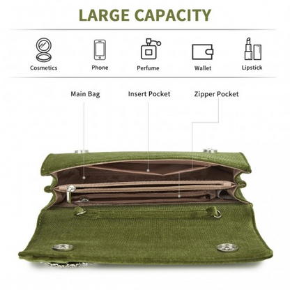 Miss Lulu Elegant Velvet Evening Clutch with Crystal Ring & Detachable Chain Strap - Versatile Shoulder or Handheld Bag - Green