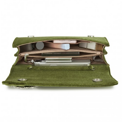 Miss Lulu Elegant Velvet Evening Clutch with Crystal Ring & Detachable Chain Strap - Versatile Shoulder or Handheld Bag - Green