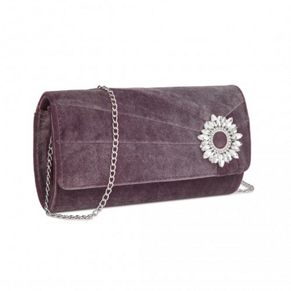 Miss Lulu Elegant Velvet Evening Clutch with Crystal Ring - Versatile Shoulder or Handheld Bag - Purple
