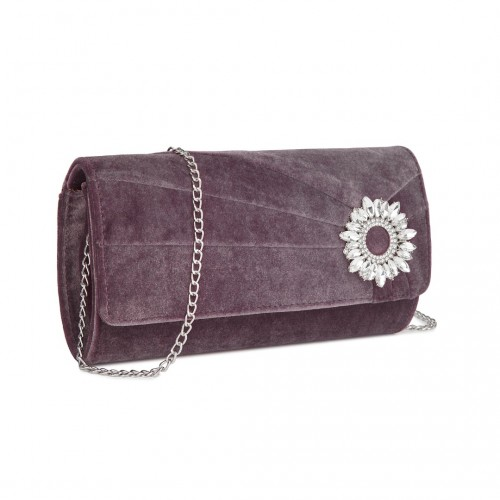 Miss Lulu Elegant Velvet Evening Clutch with Crystal Ring - Versatile Shoulder or Handheld Bag - Purple