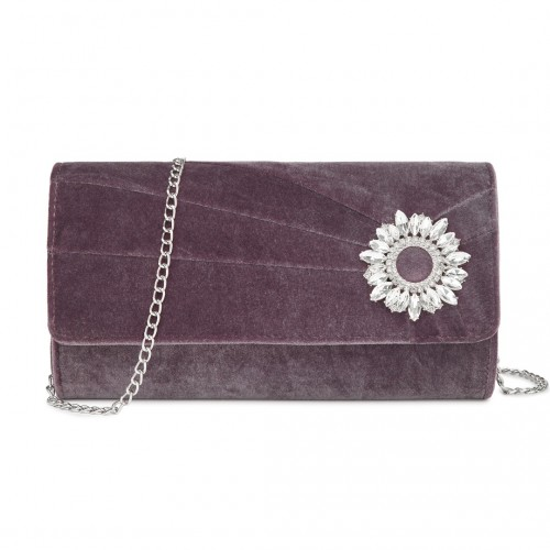 Miss Lulu Elegant Velvet Evening Clutch with Crystal Ring - Versatile Shoulder or Handheld Bag - Purple