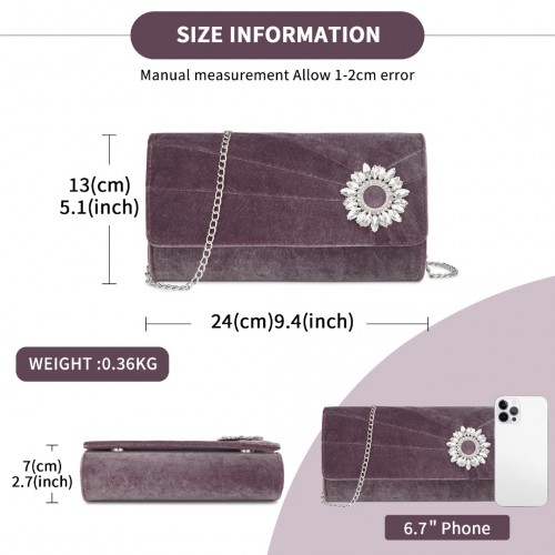 Miss Lulu Elegant Velvet Evening Clutch with Crystal Ring - Versatile Shoulder or Handheld Bag - Purple