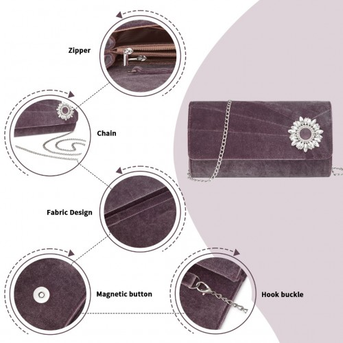 Miss Lulu Elegant Velvet Evening Clutch with Crystal Ring - Versatile Shoulder or Handheld Bag - Purple