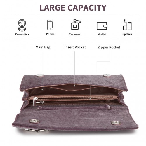 Miss Lulu Elegant Velvet Evening Clutch with Crystal Ring - Versatile Shoulder or Handheld Bag - Purple