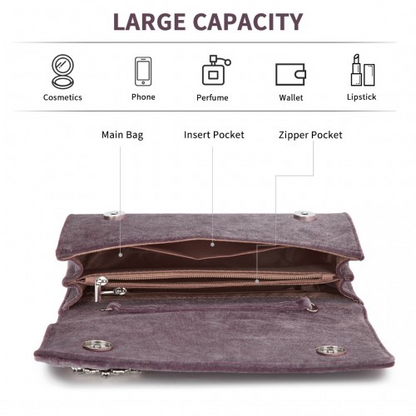 Miss Lulu Elegant Velvet Evening Clutch with Crystal Ring - Versatile Shoulder or Handheld Bag - Purple
