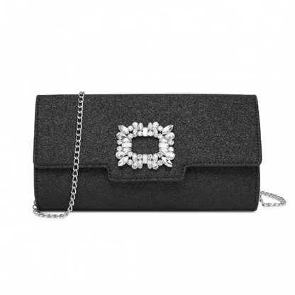 Miss Lulu Glitter Evening Clutch with Crystal Embellishment & Detachable Chain Strap - Elegant Crossbody or Handheld Bag - Black