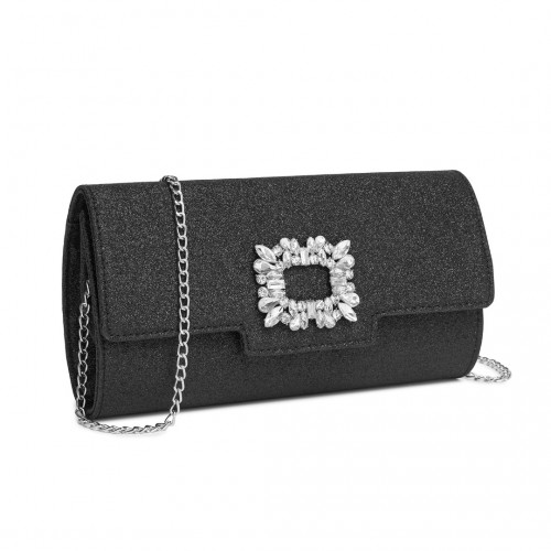 Miss Lulu Glitter Evening Clutch with Crystal Embellishment & Detachable Chain Strap - Elegant Crossbody or Handheld Bag - Black