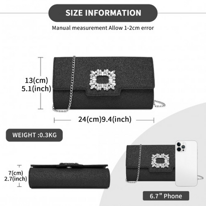 Miss Lulu Glitter Evening Clutch with Crystal Embellishment & Detachable Chain Strap - Elegant Crossbody or Handheld Bag - Black