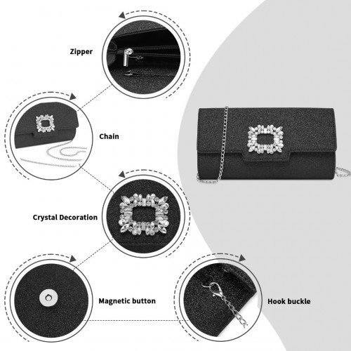 Miss Lulu Glitter Evening Clutch with Crystal Embellishment & Detachable Chain Strap - Elegant Crossbody or Handheld Bag - Black