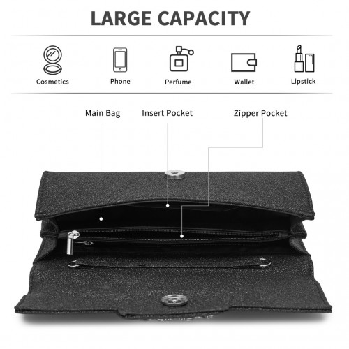 Miss Lulu Glitter Evening Clutch with Crystal Embellishment & Detachable Chain Strap - Elegant Crossbody or Handheld Bag - Black