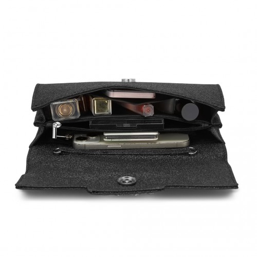 Miss Lulu Glitter Evening Clutch with Crystal Embellishment & Detachable Chain Strap - Elegant Crossbody or Handheld Bag - Black