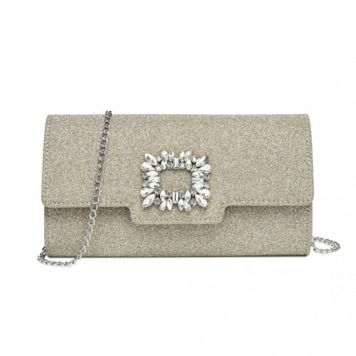 Elegant Gold Glitter Evening Clutch with Crystal Embellishment & Detachable Chain Strap | Miss Lulu Crossbody Handbag